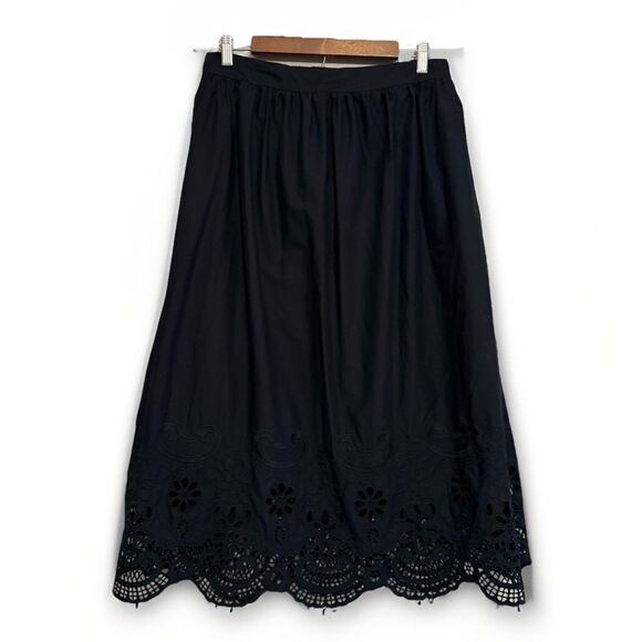 Talbots Embroidered Poplin Skirt Midi Maxi Fit Flare Full Black Pocket Cotton 8 - Picture 3 of 13